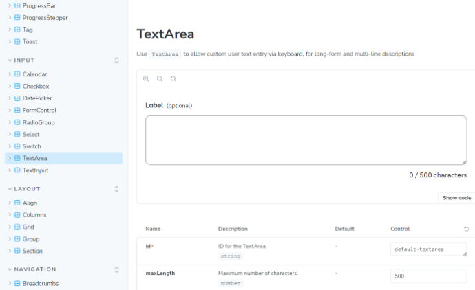 Storybook screenshot with components list on left and TextArea component preview on the right